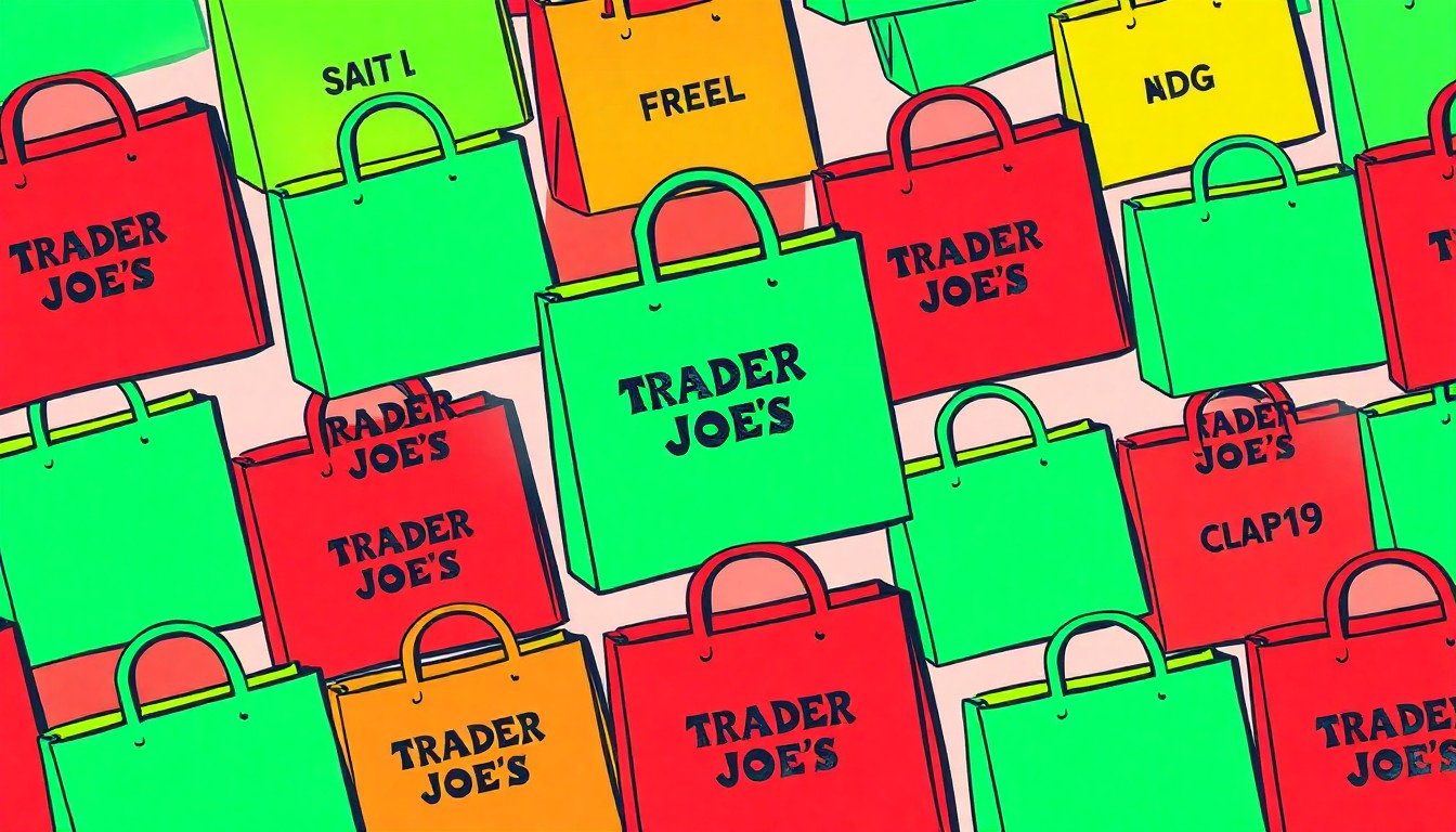 A brightly colored, high-contrast silkscreen print of a Trader Joe's shopping bag repeated in a tight grid pattern, capturing the iconic lifestyle item in a modern pop art style.