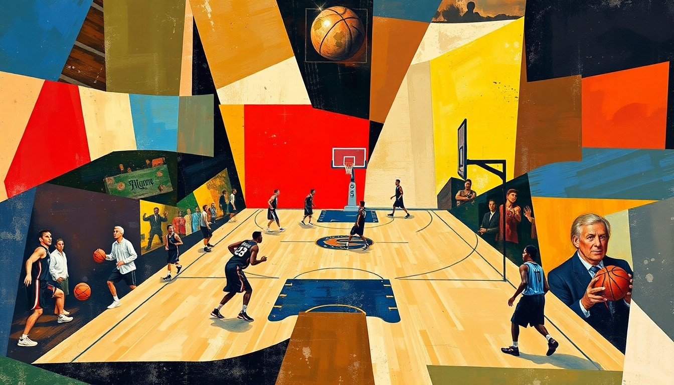 A cubist, geometric painting depicting a basketball game, with players and the court broken down into abstract shapes and planes of color, capturing the energy and movement of the sport.