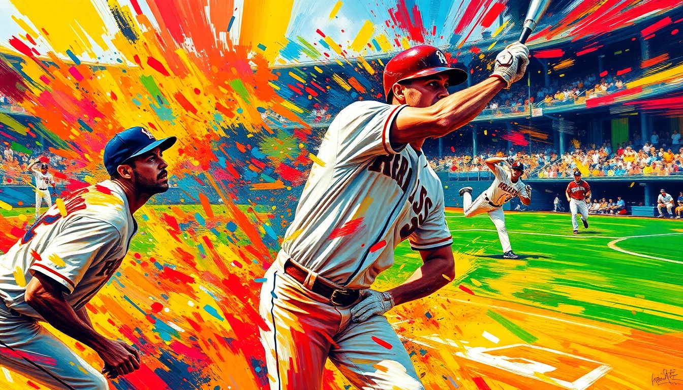 An abstract expressionist painting in neon colors, with rapid brushstrokes capturing the energy and movement of a baseball game, players' forms dissolving into vibrant splatters of paint.