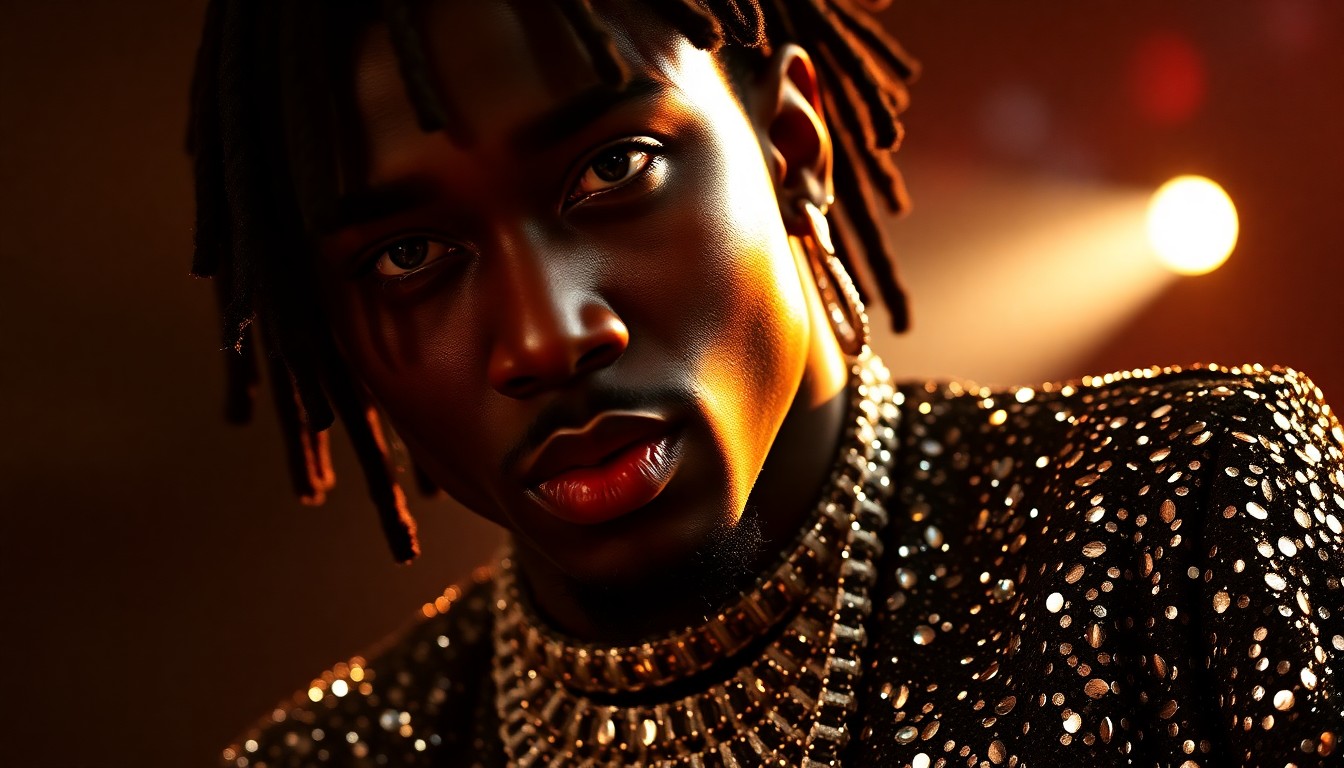 An extreme close-up photograph showcasing the intricate textures and sparkling details of Young Thug's bedazzled stage outfit, capturing the high-fashion glamour and energy of his Coachella performance.