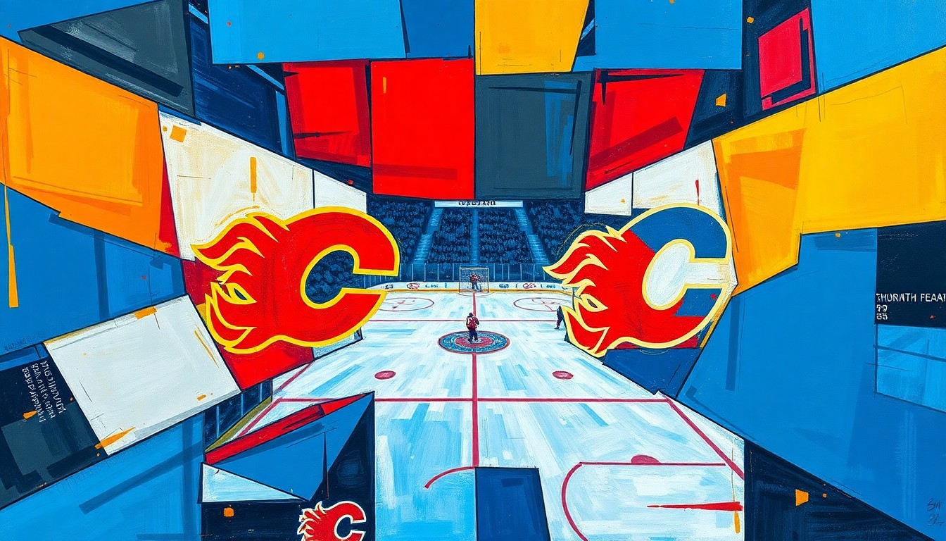 A fragmented, geometric painting depicting a hockey game, with sharp planes of blue, red, and yellow representing the action on the ice.