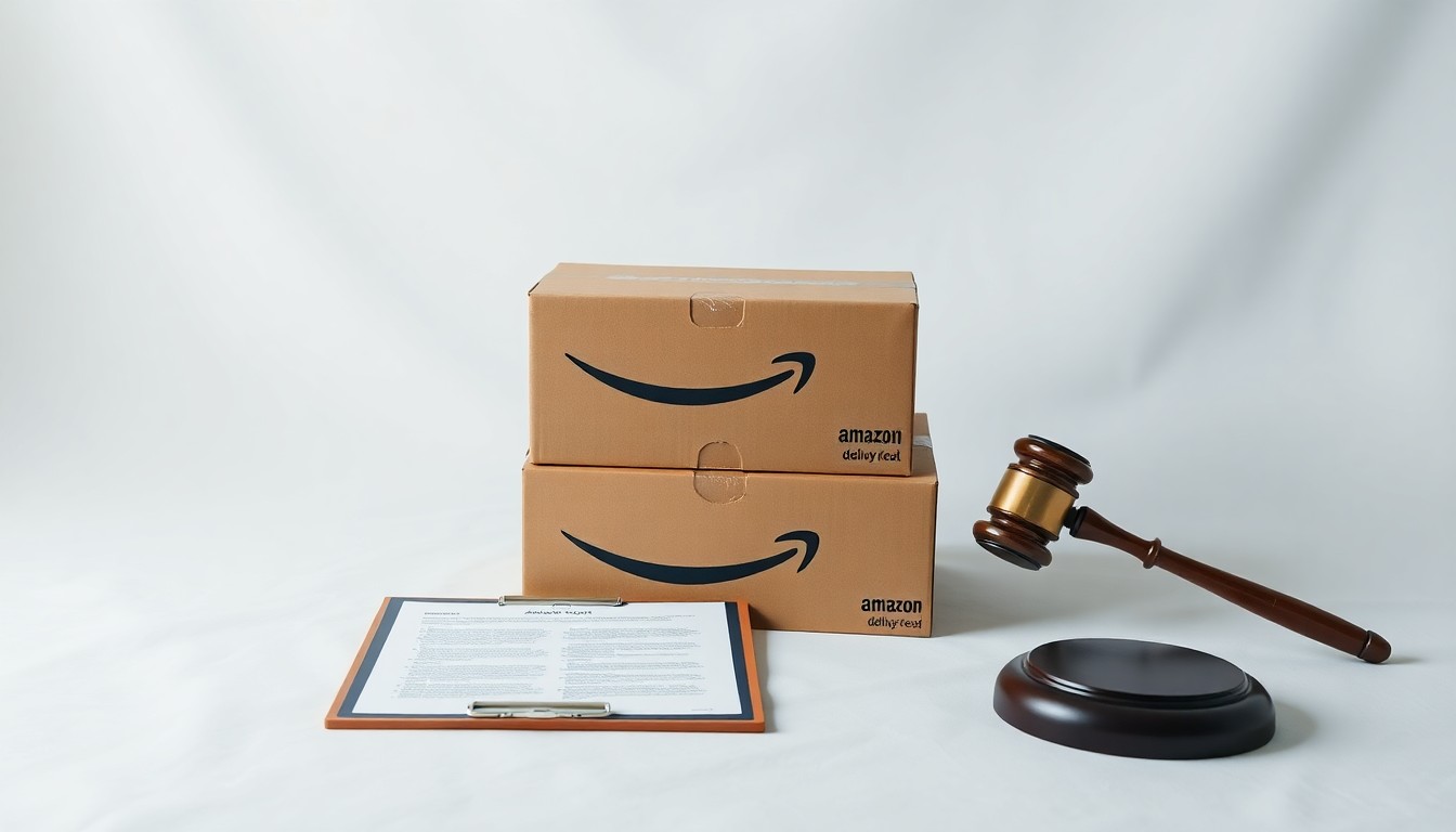 A photorealistic studio still life featuring a stack of Amazon delivery boxes, a clipboard with contract documents, and a gavel, arranged elegantly on a clean white background to symbolize the corporate legal strategy and battles around Amazon's relationship with its delivery providers.