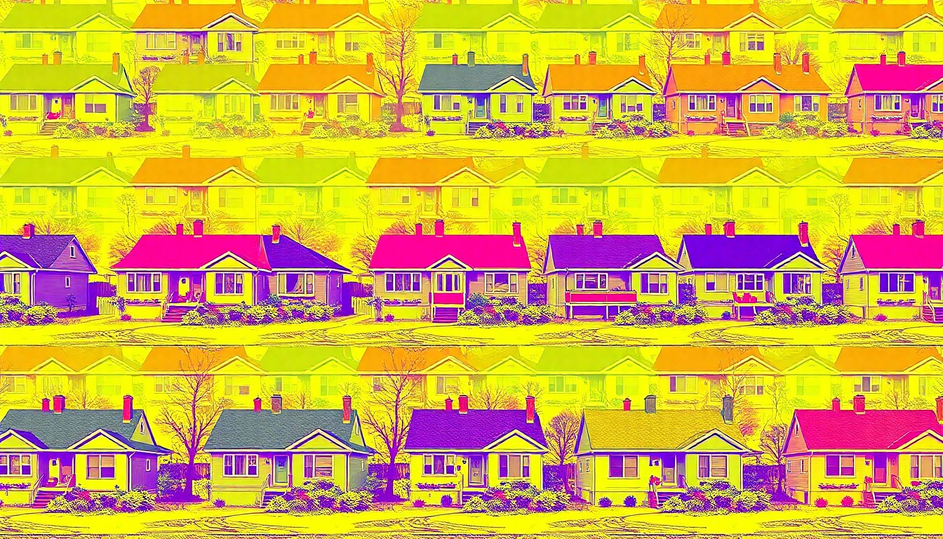 A brightly colored, high-contrast silkscreen print of a single, iconic suburban home repeated in a tight grid pattern, conceptually representing the diverse housing options in the new Woodland Meadows development.