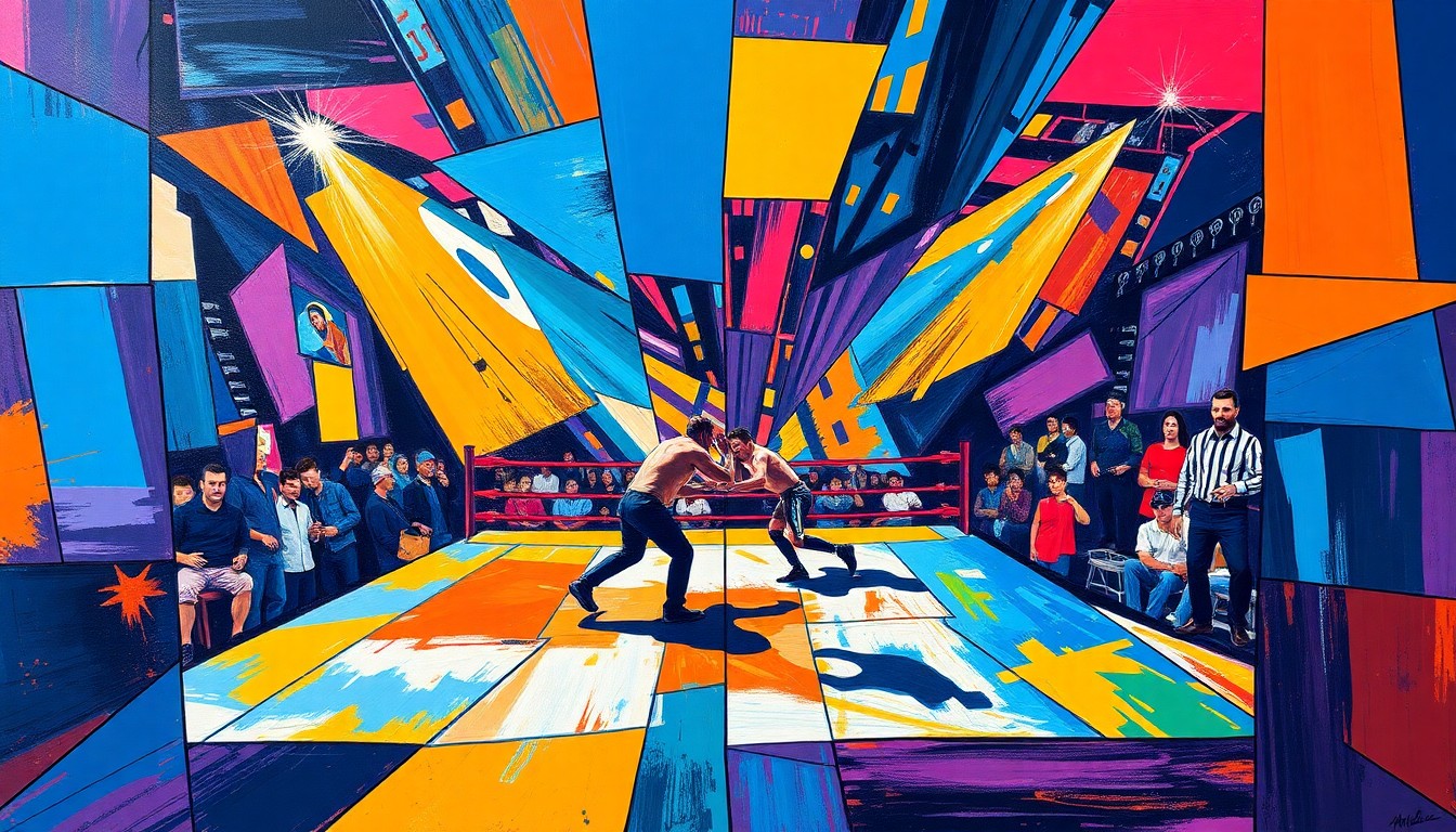 A cubist, geometric painting depicting the intense action and competition of an AEW wrestling match, with sharp, overlapping shapes and planes in vibrant colors capturing the dynamic energy of the event.