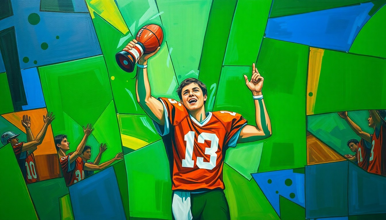 A fragmented, cubist-style painting depicting a football player's celebration, with sharp planes of deep green, burnt orange, and royal blue overlapping to create a dynamic, energetic composition.