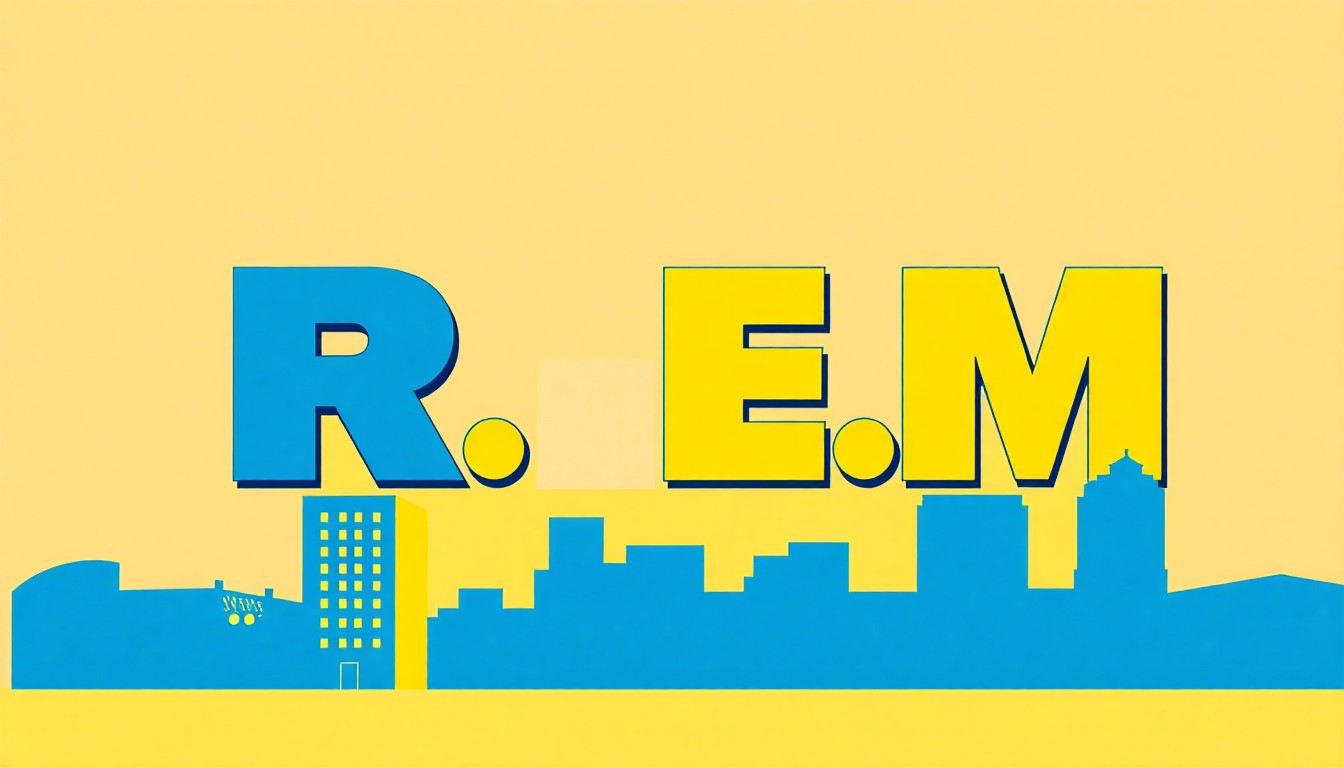An abstract, minimalist illustration featuring jagged, overlapping geometric shapes in shades of blue, green, and yellow, conceptually representing the R.E.M. logo and the band's college town origins.