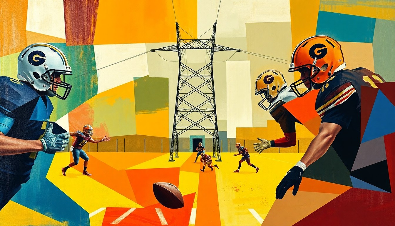 A fragmented, geometric painting depicting a football game, with the players' forms broken down into abstract shapes and planes of color. An electrical substation is visible in the background, symbolizing the ongoing debate.