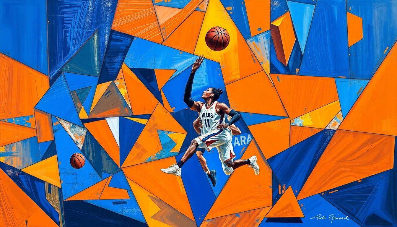 A cubist-style painting depicting a WNBA basketball game or player in motion, with the scene broken down into sharp, overlapping geometric shapes in a bold color palette, conveying the dynamic energy and strategic thinking behind the Atlanta Dream's decision to re-sign their star player.