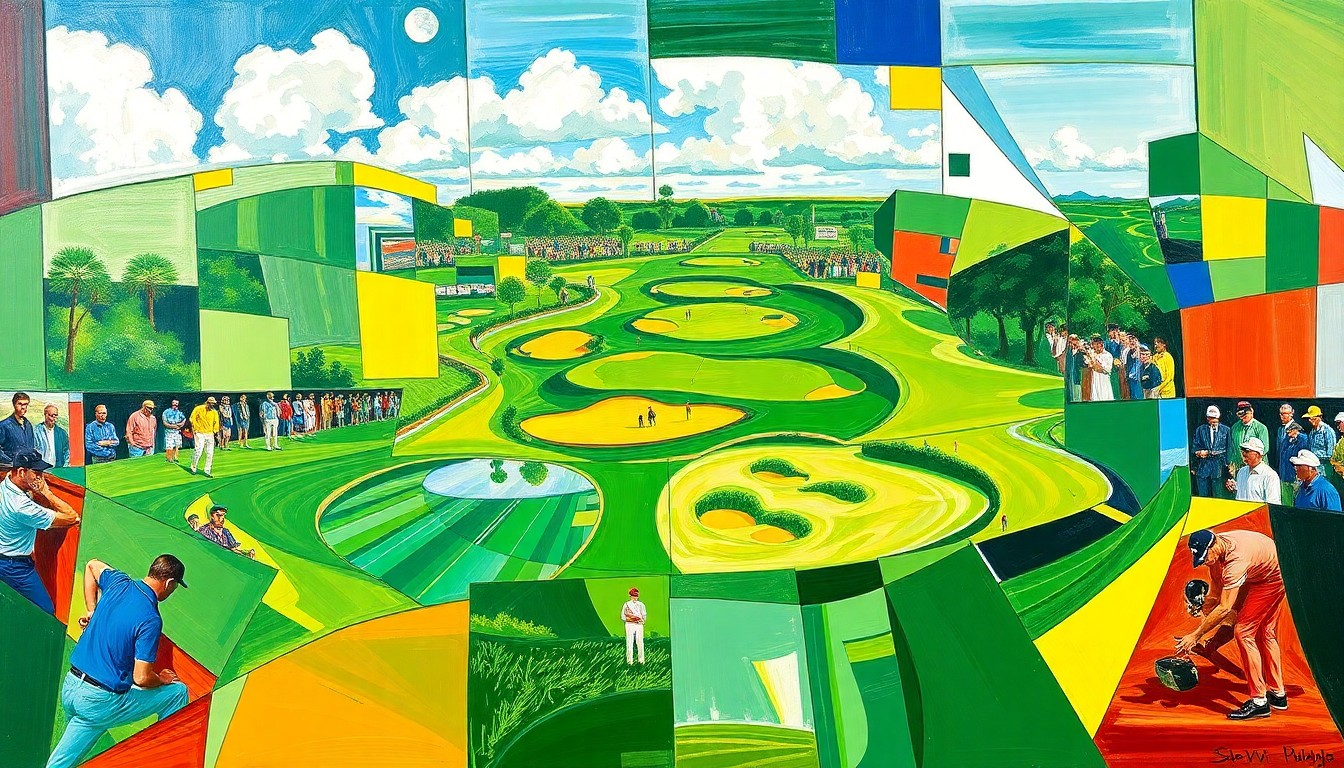 A fractured, cubist-style painting depicting the final round of the Players Championship at Sawgrass, with overlapping geometric shapes and planes in vibrant colors representing the dynamic action on the course.