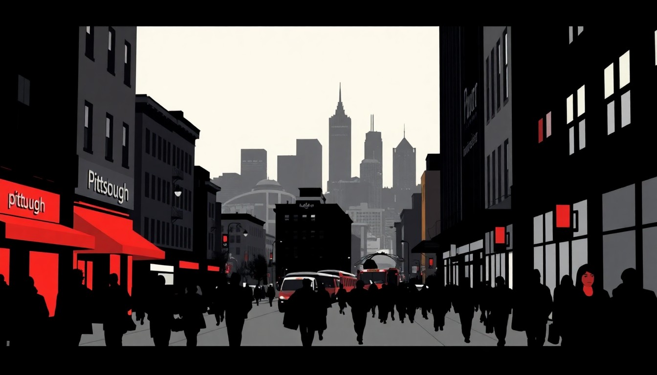 An abstract, minimalist illustration featuring bold black silhouettes of buildings, pedestrians, and the Pittsburgh skyline against a bright red background, conceptually representing the energy and activity of the city's NFL Draft block party.