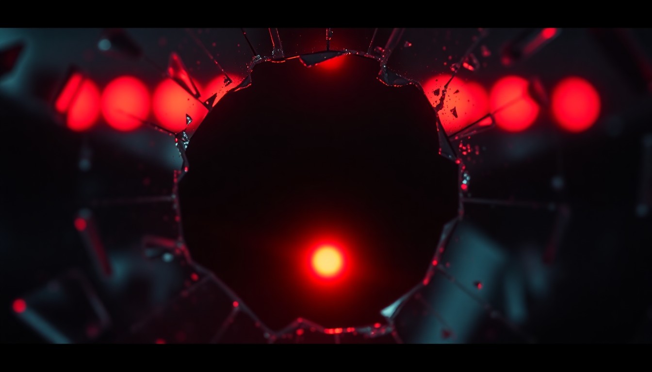 An extreme close-up of a shattered glass lens reflecting a faint red light, conceptually representing the emotional weight and consequences explored in the finale of the mystery series 'DTF St. Louis'.