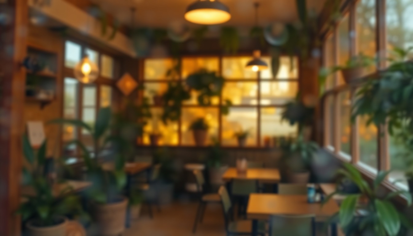 An abstract, out-of-focus scene depicting the warm, inviting atmosphere of a cafe filled with lush greenery and soft, diffused lighting, conveying the concept of a healthy, sustainable food movement.