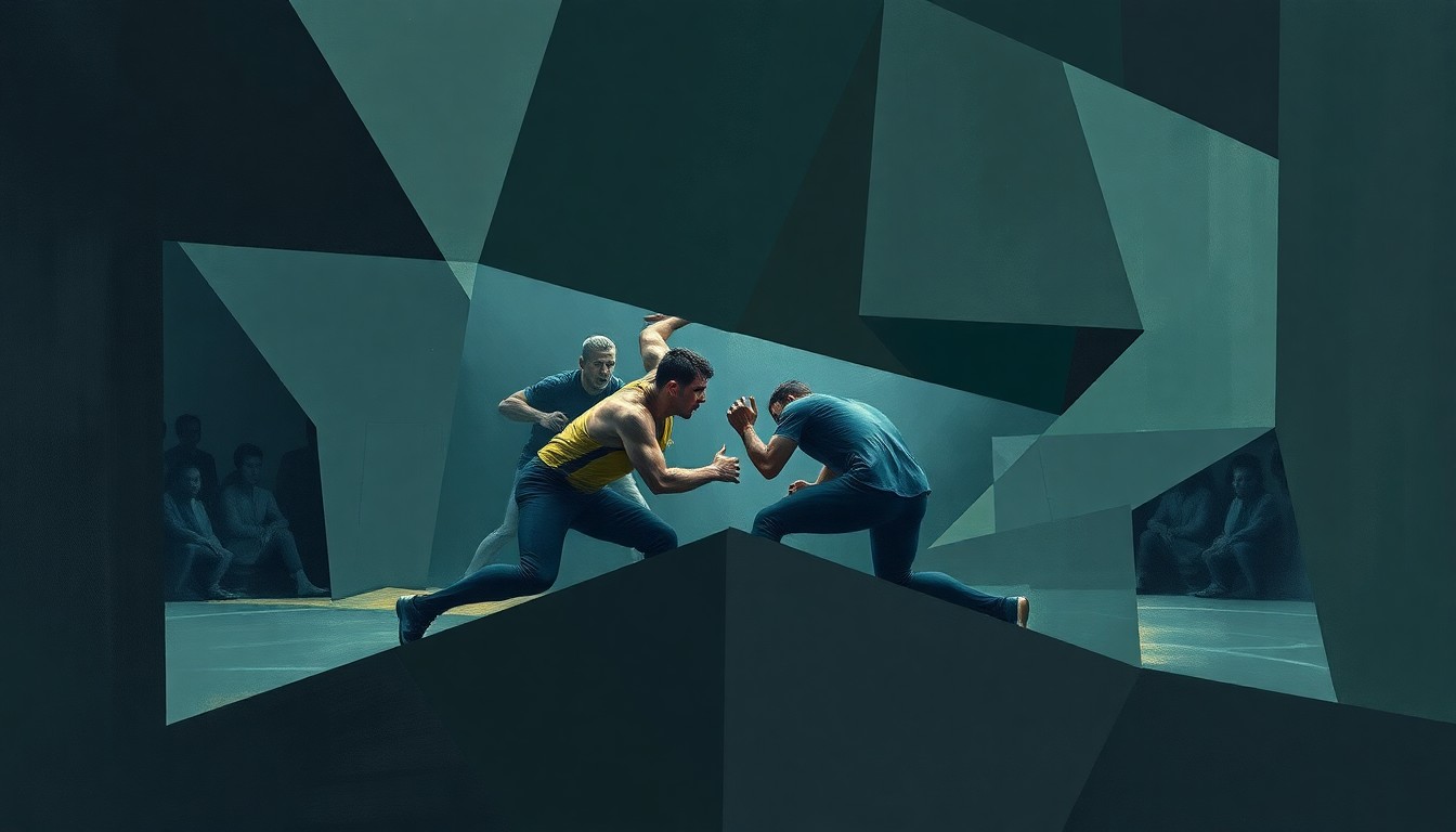 A cubist, geometric painting depicting a wrestling match or competition, with sharp, overlapping planes in muted colors representing the physical intensity and drama of the event.