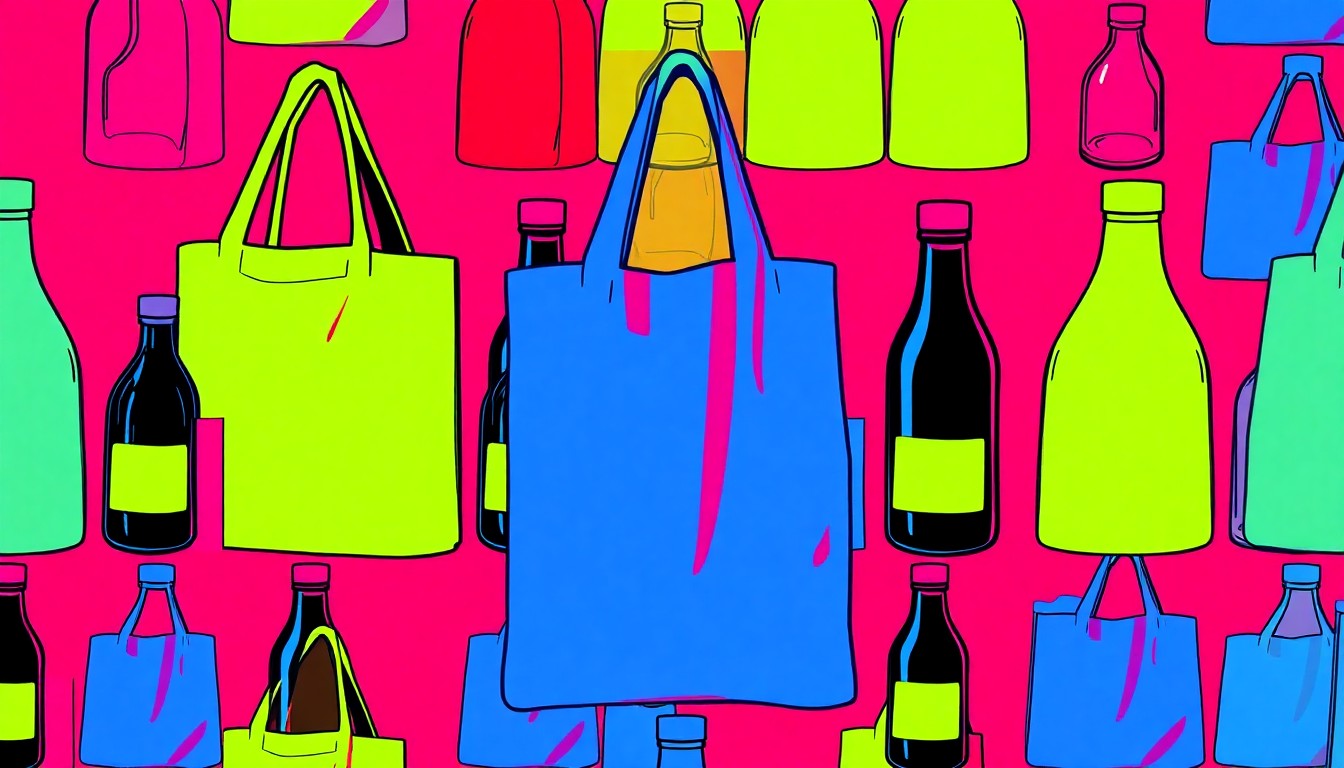 A highly stylized, abstract grid of brightly colored, silkscreen-like images of various natural food and grocery items, conceptually representing the joyful energy and community spirit of a local food co-op's anniversary celebration.