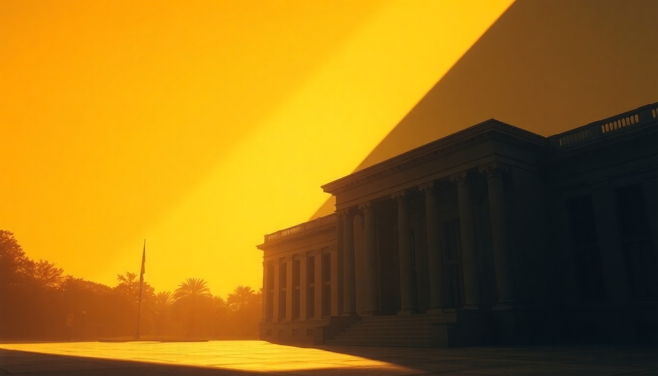 A serene, nostalgic painting depicting a government building or political office space, with warm lighting and deep shadows creating a contemplative atmosphere, symbolizing the shift in power and community-driven approach of the new combined authority.