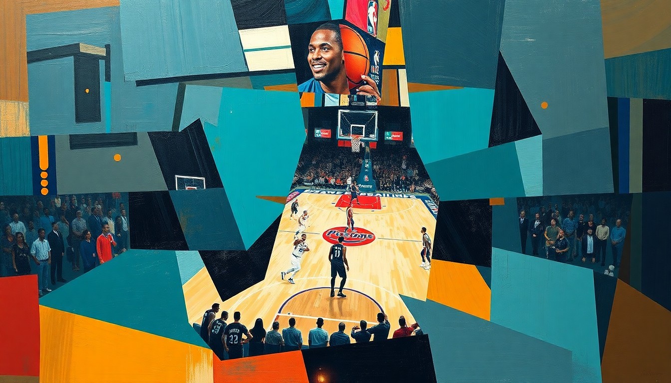 A cubist-style painting depicting a basketball game, with the players and court broken down into sharp, overlapping geometric shapes and planes in vibrant colors, conveying the intensity and strategic nature of the Pistons' victory.