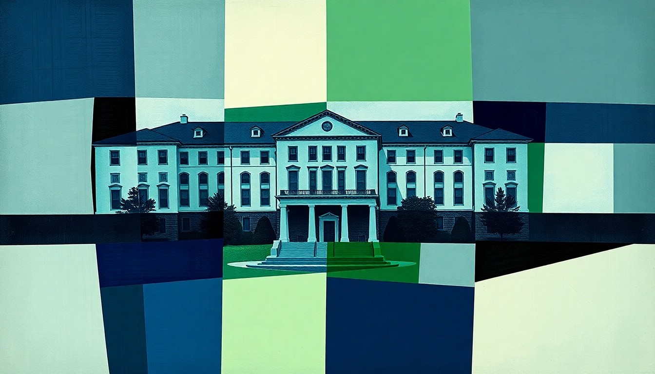 A fractured, overlapping geometric painting depicting a university building or administrative office, with bold brushstrokes in shades of blue, green, and grey, conveying a sense of tension and uncertainty surrounding the leadership transition at the University of Wisconsin.