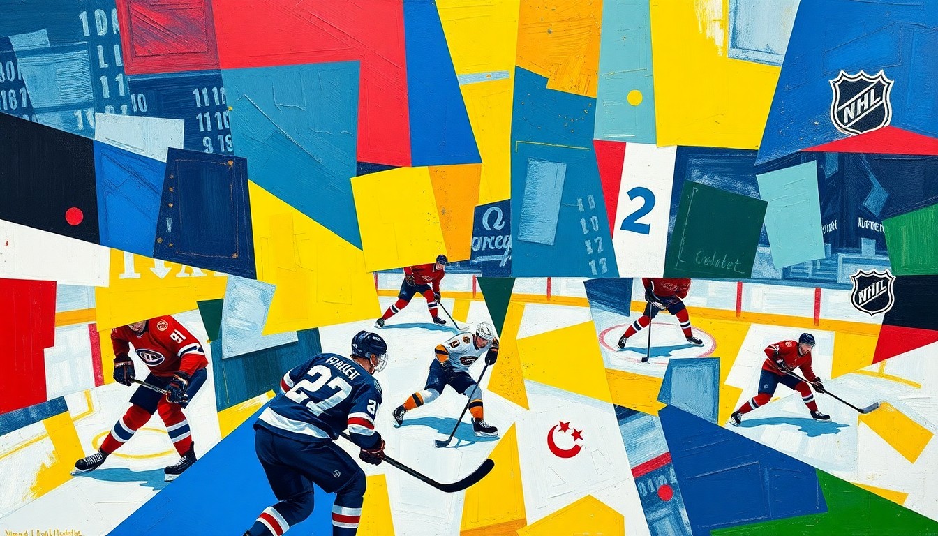 A cubist, geometric painting depicting fragmented hockey players and equipment in a vibrant color palette, conceptually representing the diverse contributions of the King Clancy Memorial Trophy nominees.