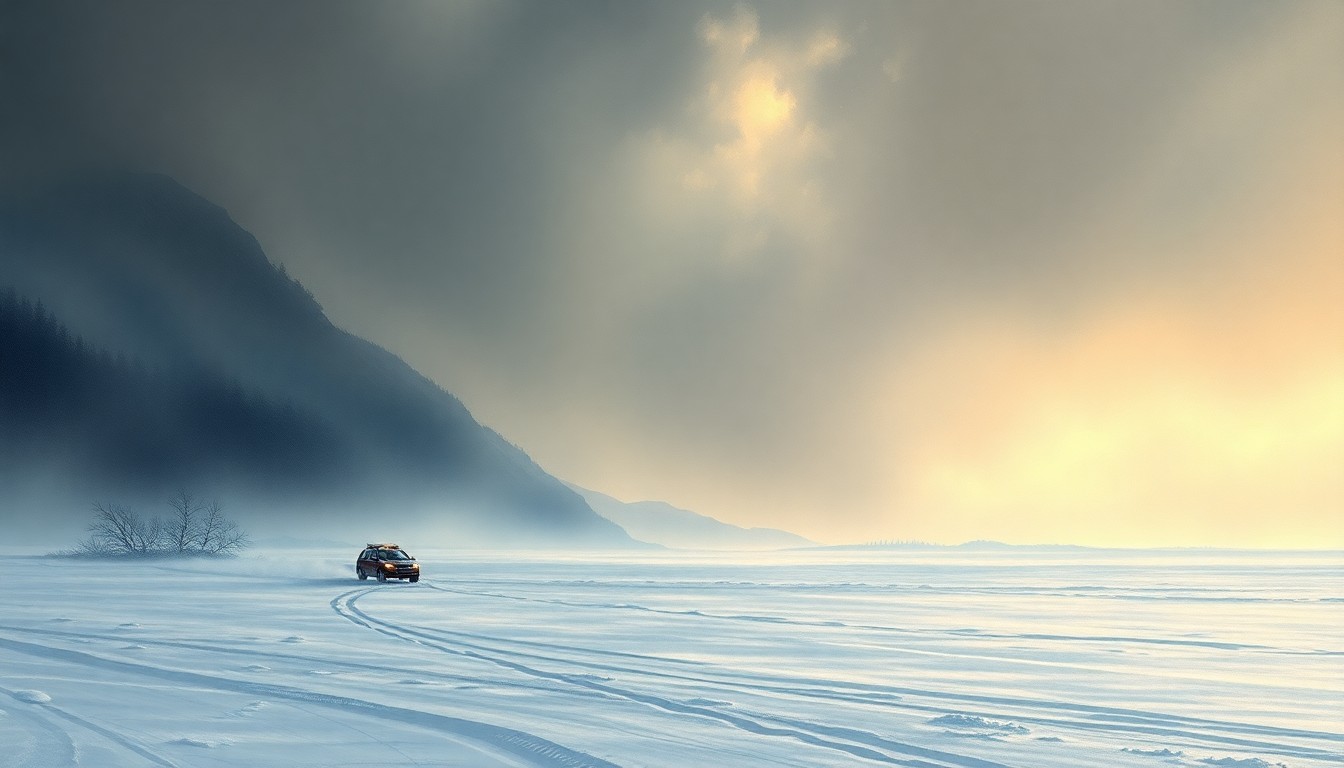 A vast, atmospheric landscape painting in muted tones of gray, white, and blue, depicting a severe winter storm with heavy snow and ice obscuring the horizon and dwarfing any physical structures or vehicles caught within the scene, conveying the overwhelming power of nature.