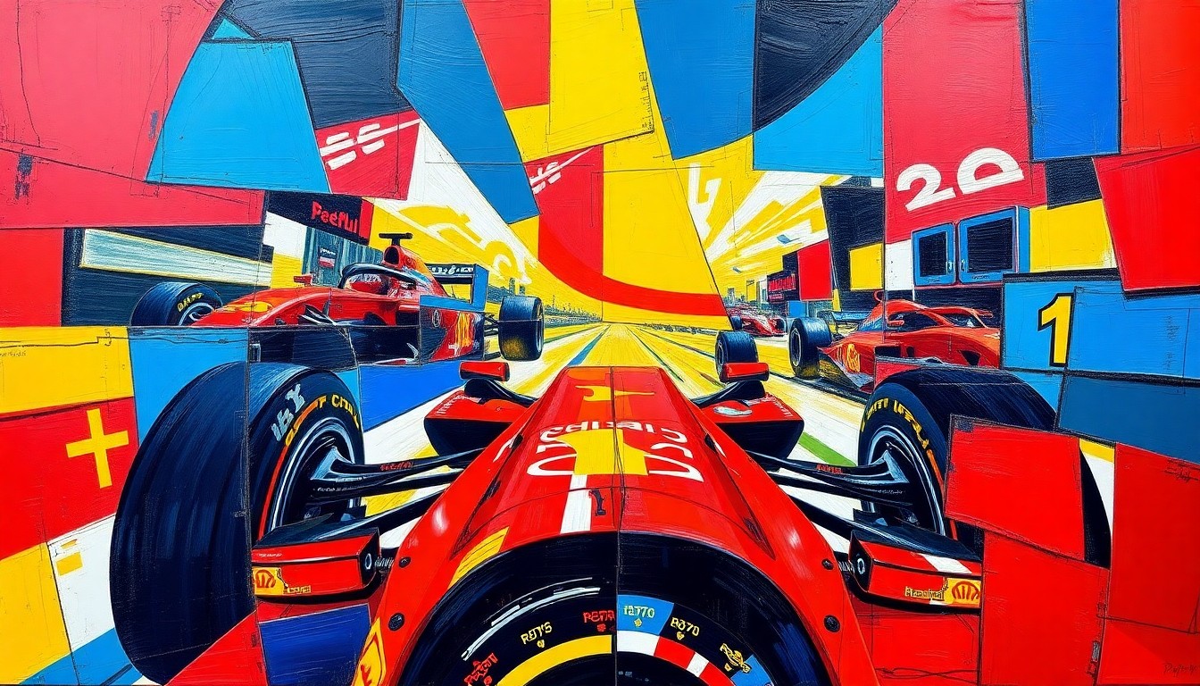 A cubist, geometric painting depicting a fragmented Formula 1 race scene, with sharp, overlapping planes of color capturing the dynamic energy and movement of the sport.