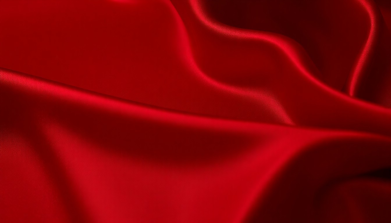 An extreme close-up photograph of a rich, red silk fabric with a lustrous sheen, capturing the luxurious texture and high-fashion aesthetic of the event.