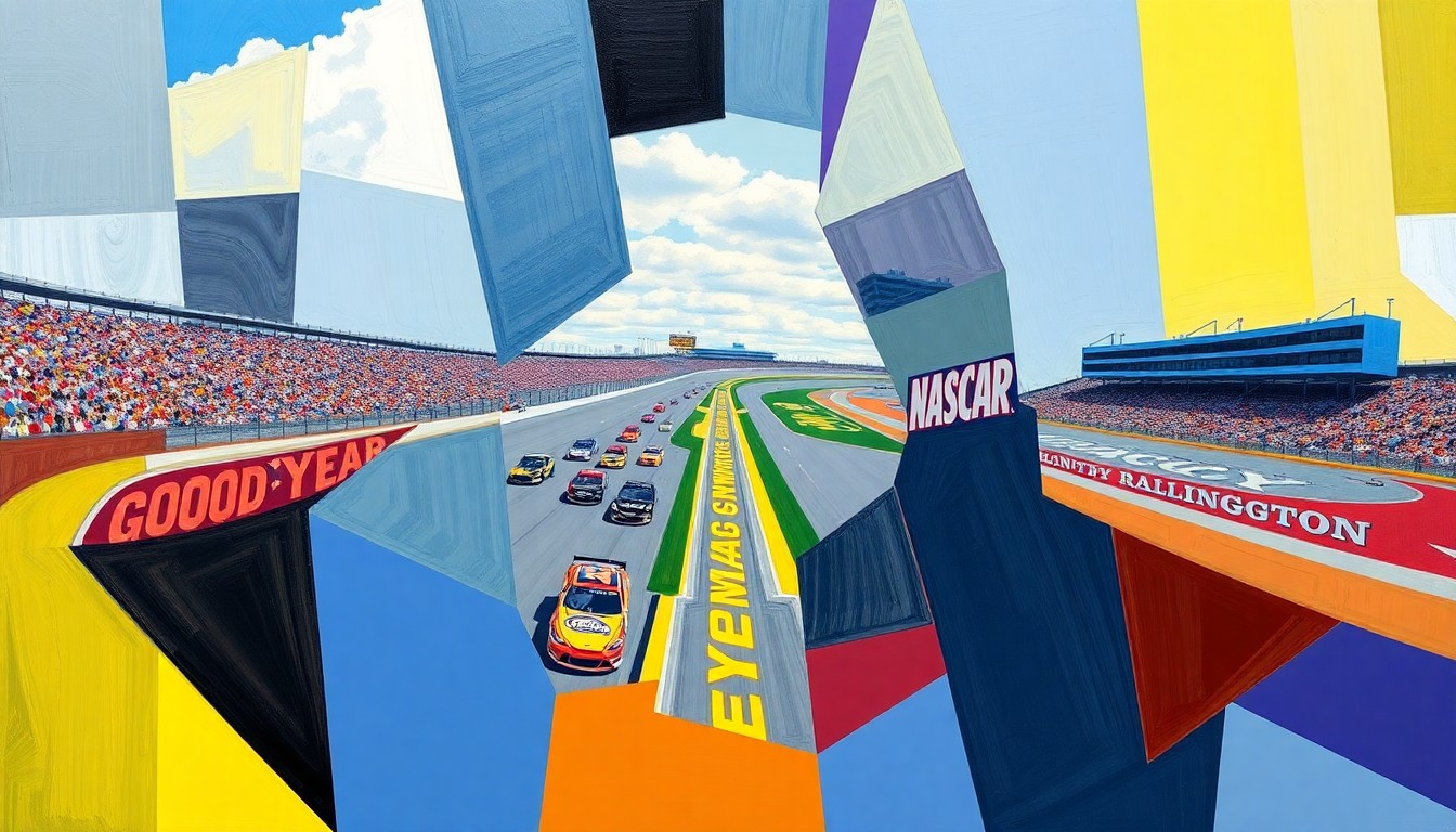 A fractured, geometric painting depicting the Goodyear 400 NASCAR race at Darlington Raceway, with sharp, overlapping planes of color representing the cars, track, and racing action.