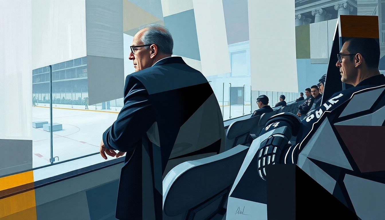 A cubist-style painting featuring overlapping geometric shapes and planes, representing a hockey coach on the bench in a fragmented, multi-perspective manner.