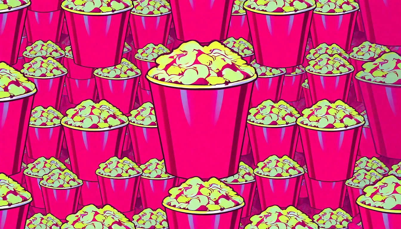 A brightly colored, high-contrast silkscreen print of a single, iconic movie theater popcorn bucket or soda cup repeated in a tight grid pattern, conceptually representing the fun and affordable movie-going experience of Mystery Movie Mondays.