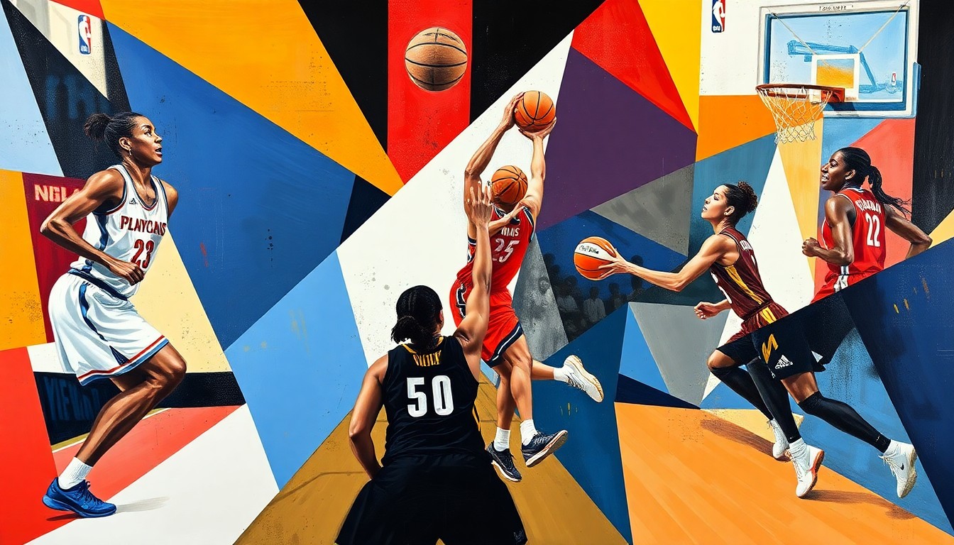 A cubist-style painting depicting a WNBA basketball game in a fractured, geometric style, with the players' forms broken down into abstract shapes and planes of color, conceptually representing the evolving strategies and team dynamics in the league.