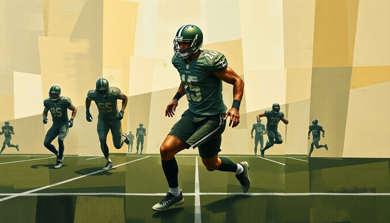 A fractured, cubist-style painting depicting the movements and positioning of a football player on the field, broken down into sharp, overlapping geometric shapes in muted earth tones, conceptually representing the versatility and adaptability required of modern NFL players.
