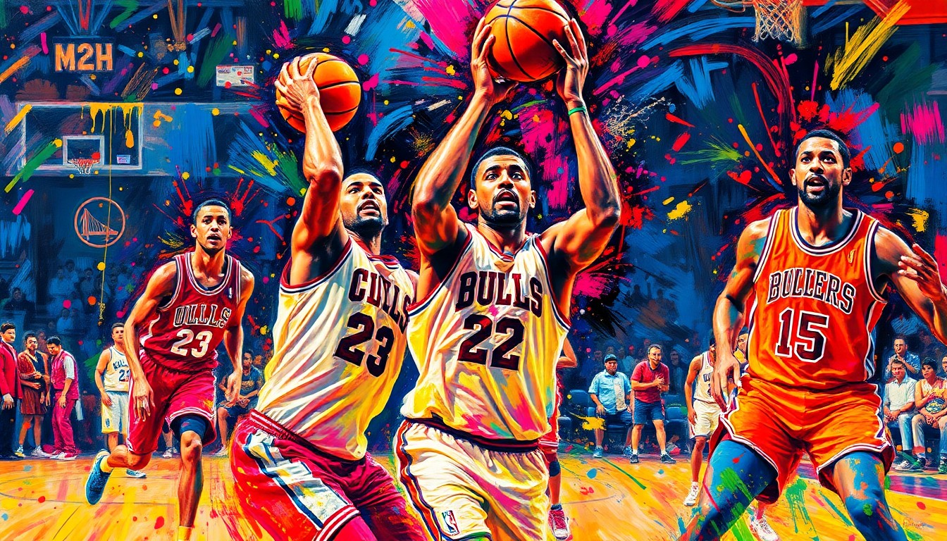 An abstract, energetic painting featuring bold, neon-colored brushstrokes that capture the dynamic movement and intensity of a basketball game, with players' forms blending together in a vibrant, expressionistic style.