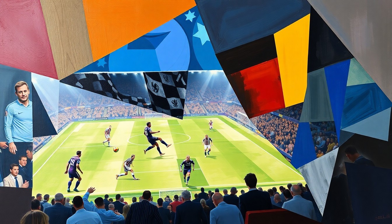 A cubist, geometric painting depicting the dynamic action and competition of a high-stakes WSL match, with overlapping planes and shapes representing the ebb and flow of the game.