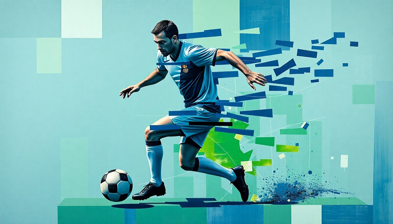 A cubist-style painting depicting a football player in motion, with their body and the ball broken down into overlapping geometric shapes and planes in shades of blue, green, and gray, conveying the dynamic energy of the sport.
