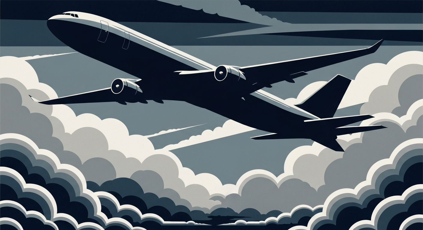 A bold, geometric illustration depicting the silhouette of an airplane in flight against a backdrop of stylized clouds and sky, rendered in a palette of deep blues, greys, and metallic accents, conceptually representing the grand scale and romance of aviation.