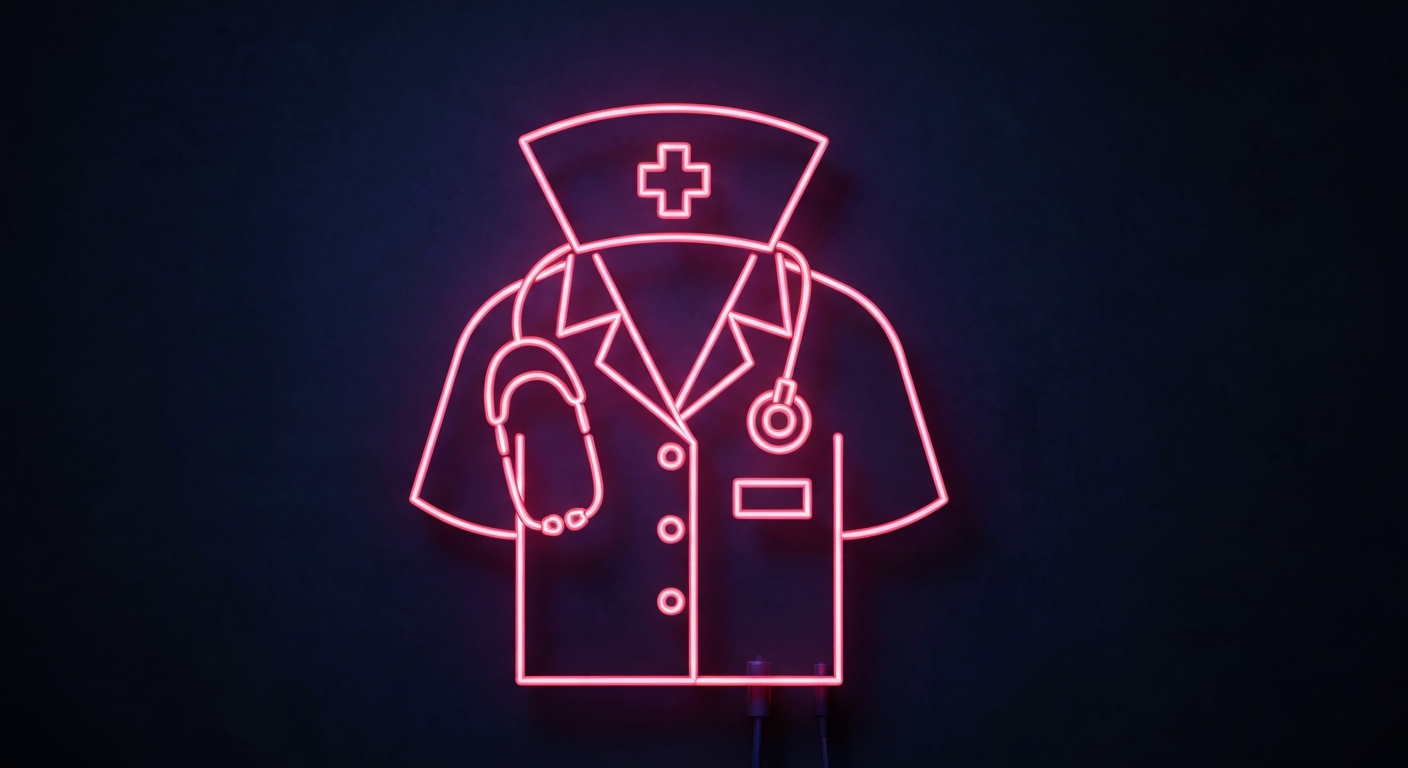 A minimalist design in the style of Keith Haring, featuring a glowing neon outline of a nurse's uniform with a stethoscope and medical cross, conveying the urgency and high stakes of the impending nursing strike in New York City.