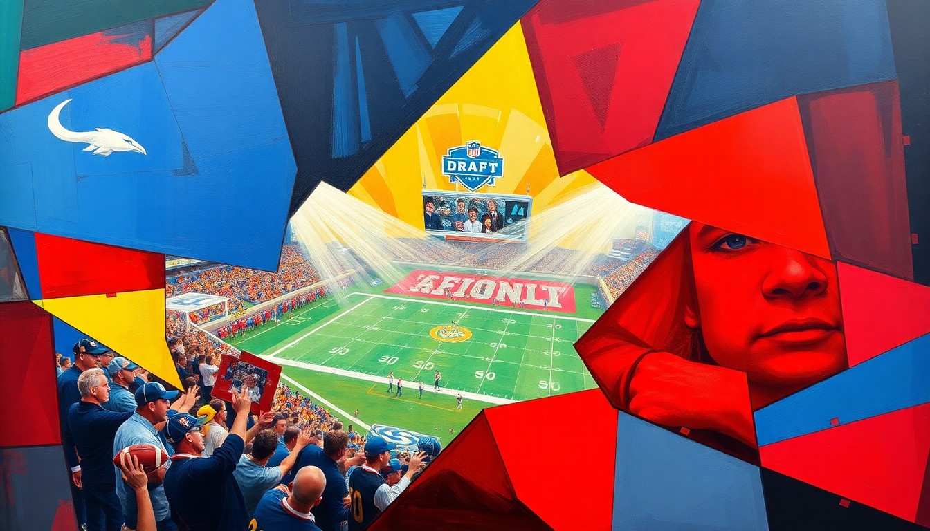 A cubist-style painting featuring overlapping geometric shapes and planes in vibrant colors, representing the fragmented perspectives on the upcoming NFL draft's wide receiver prospects.