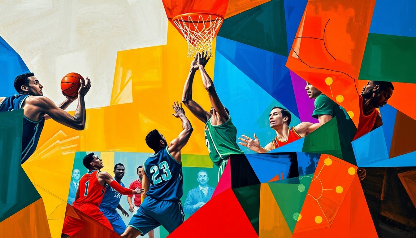 A fractured, multi-perspective painting in vibrant colors that breaks down a basketball game or match into sharp, overlapping geometric planes, with the players' forms deconstructed into abstract shapes.