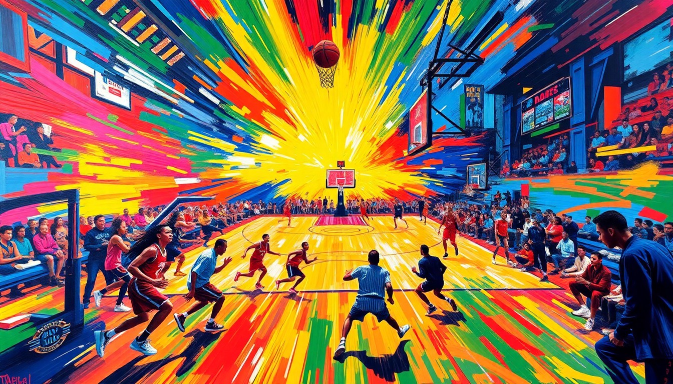 An abstract, expressionist painting in neon colors depicting the dynamic movement and energy of a basketball game on a newly refurbished outdoor court, conceptually representing the transformative impact of community-driven sports initiatives.