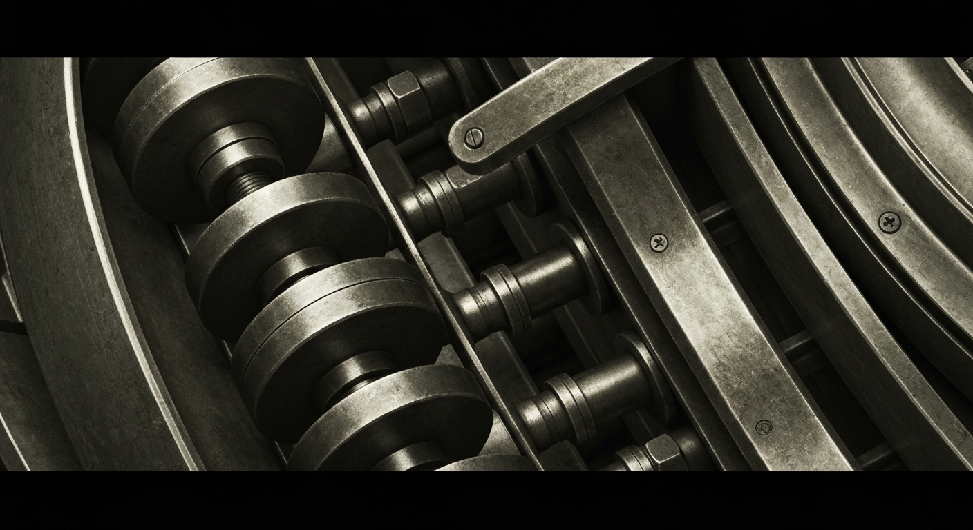 A highly detailed, cinematic close-up of various metal gears, levers, and other mechanical components that make up the inner workings of a banking institution, conveying the idea of the robust financial infrastructure supporting PNC Financial's operations.