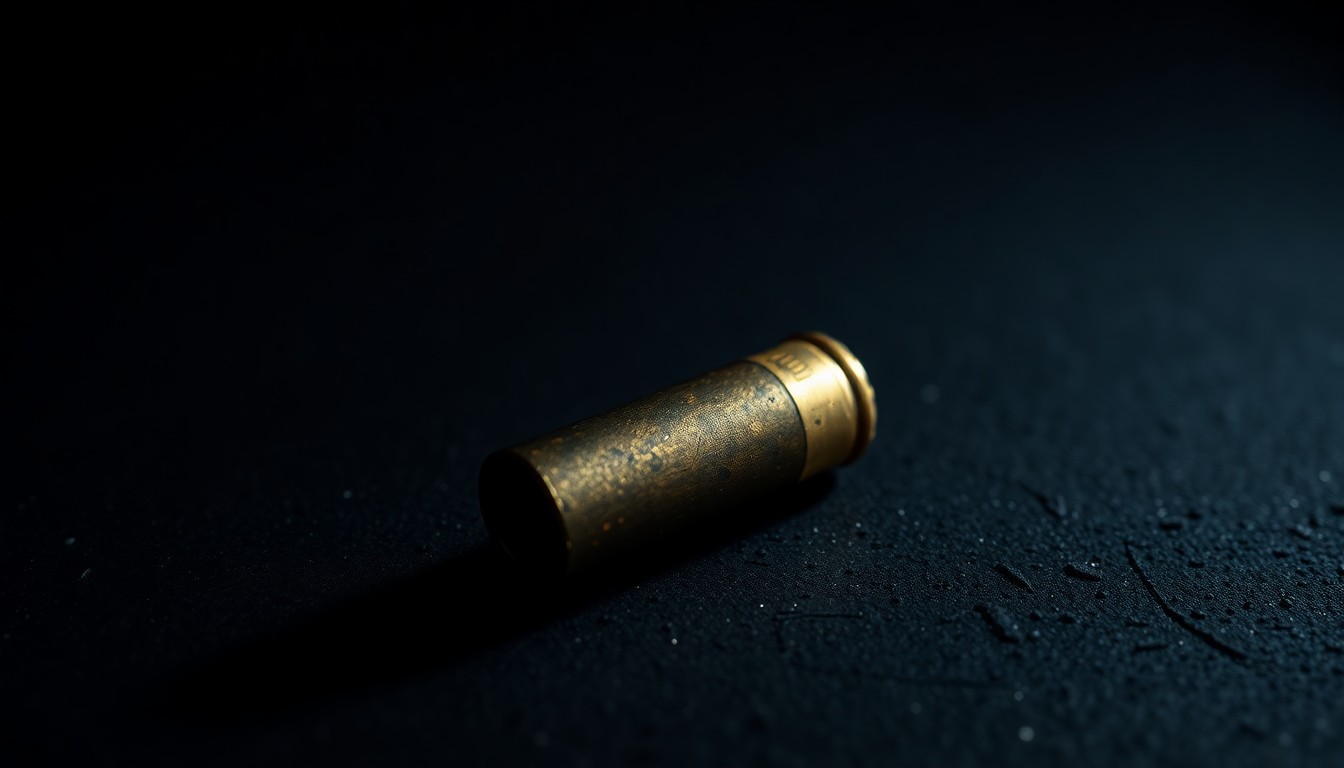 An extreme close-up photograph of a spent bullet casing on a dark, textured surface, lit by a harsh, direct camera flash, conceptually representing the gritty realities of gun violence in Dayton.