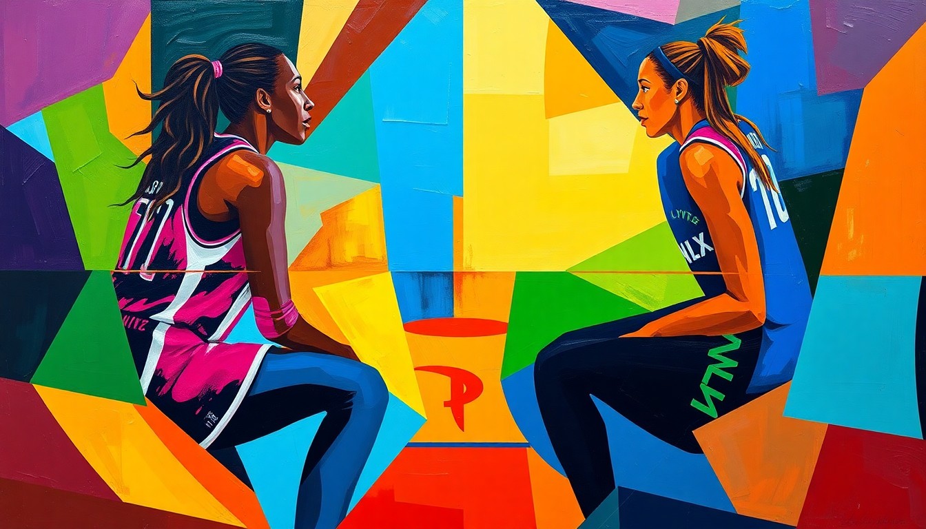 A cubist, geometric painting depicting a WNBA basketball game, with the players' forms broken down into abstract shapes and planes of vibrant colors representing the competing teams.