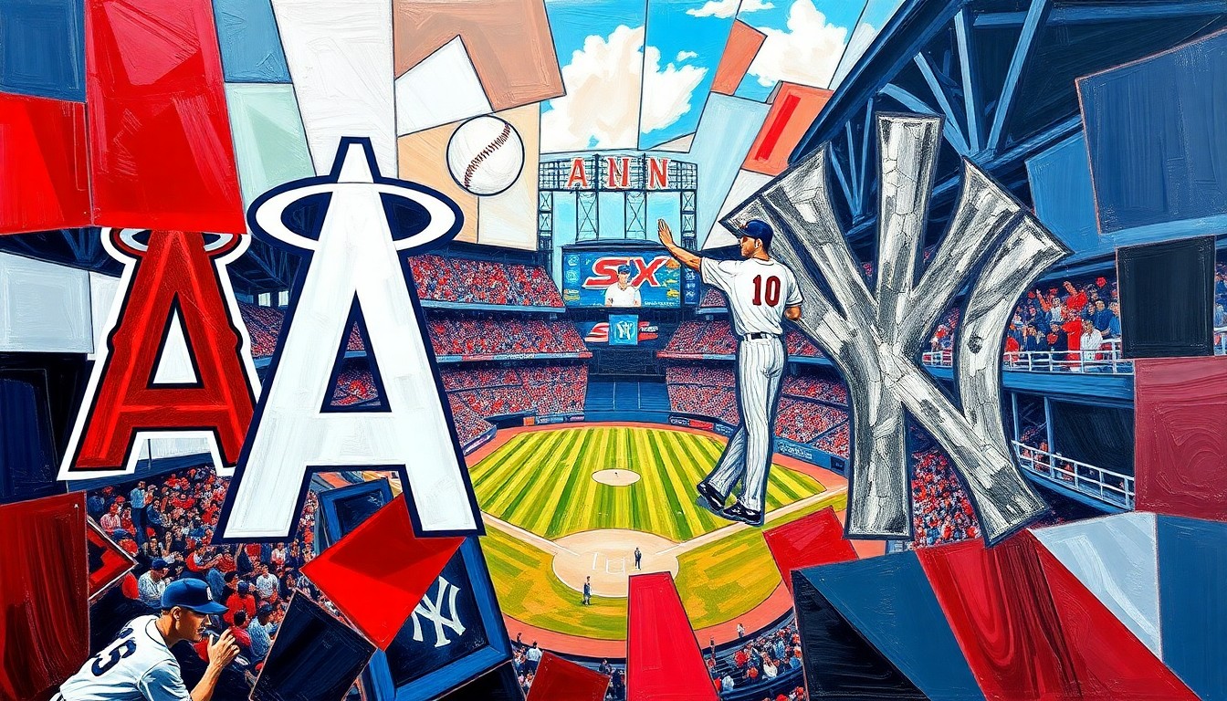 A fractured, multi-perspective painting in bold, clashing colors that breaks down a baseball game between the Los Angeles Angels and New York Yankees into sharp, overlapping geometric planes, conceptually representing the competitive tension and strategic complexities of their matchup.