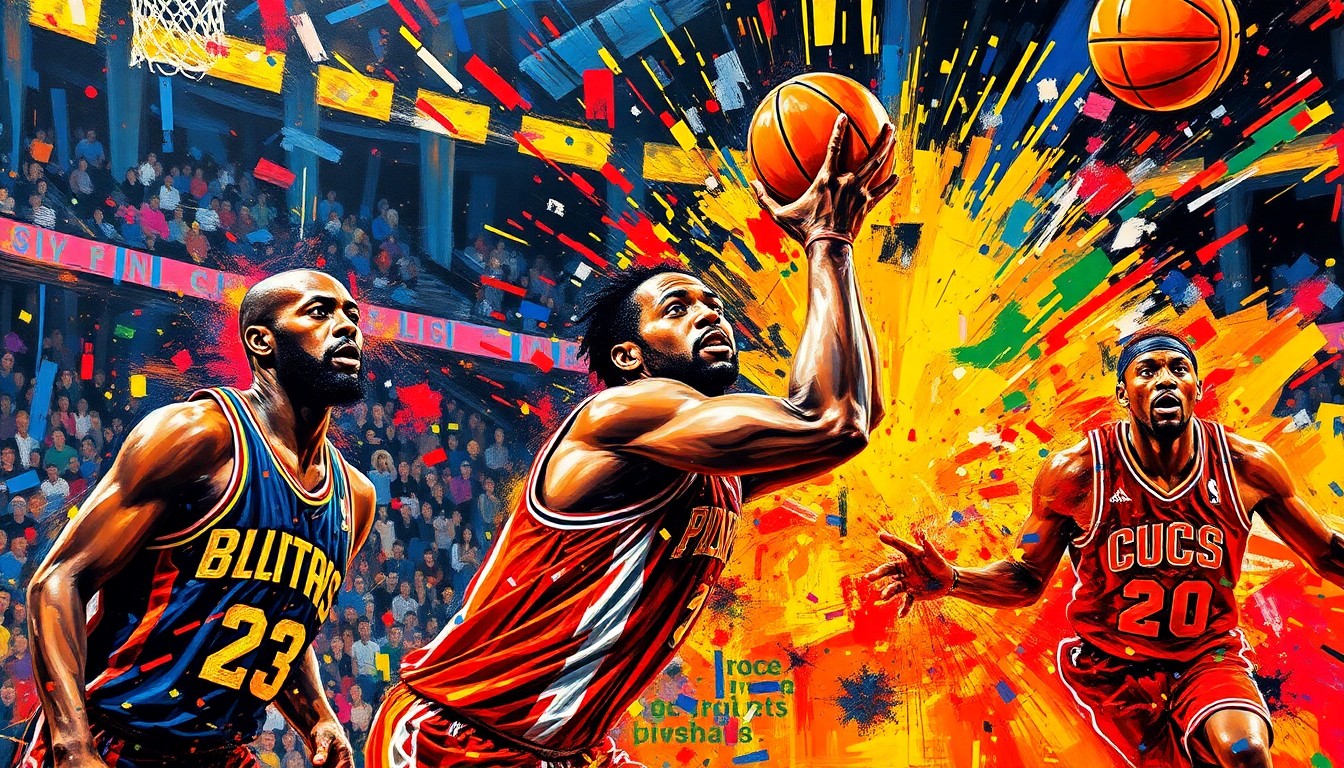 An abstract, expressionist painting featuring bold, neon-colored brushstrokes that capture the dynamic movement and energy of an NBA basketball game, with players' forms dissolving into vibrant splashes of paint.