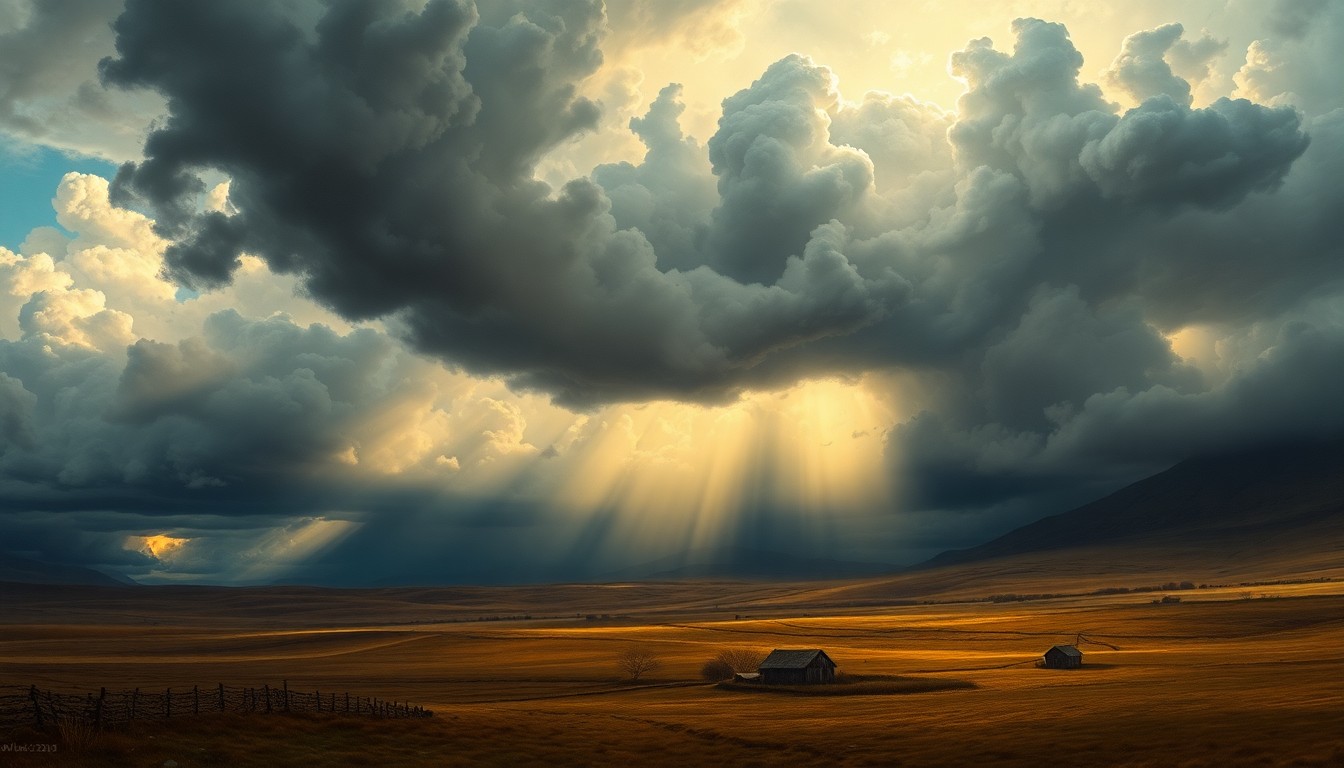A sweeping, atmospheric landscape painting in muted tones of grey, blue, and gold, depicting a remote rural setting under a stormy sky with dramatic clouds and rays of light breaking through, conveying the overwhelming scale and power of a lightning storm.