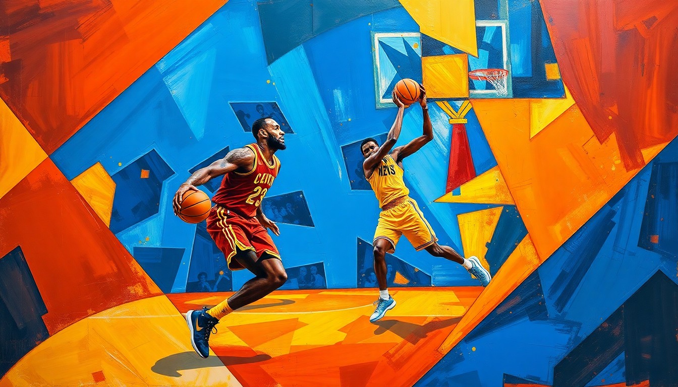 A fragmented, cubist-style painting depicting a basketball game in motion, with the figure of LeBron James broken down into overlapping geometric shapes and planes of vivid colors, conveying the dynamic energy and strategic adaptability of the Lakers superstar.