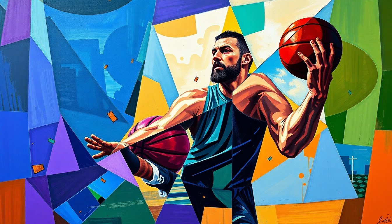 A fractured, cubist-style painting depicting Nikola Jokić's basketball skills and statistics in a conceptual, geometric manner, using vibrant colors and sharp, overlapping shapes to capture the essence of his unique playing style.