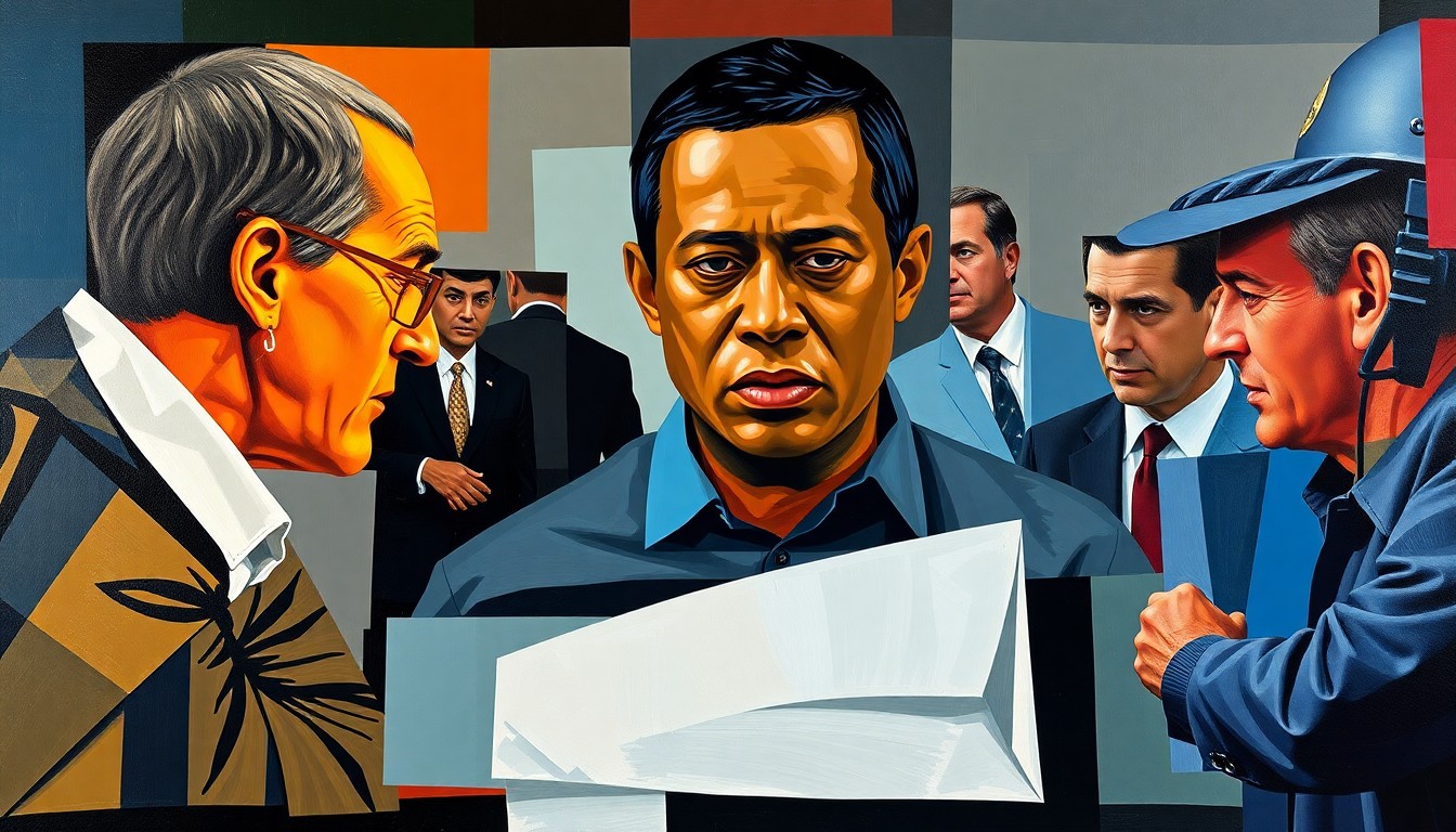 A fragmented, geometric painting depicting the scene of Tiger Woods' sobriety test and arrest, with sharp, overlapping planes of color and form capturing the multifaceted nature of the incident.