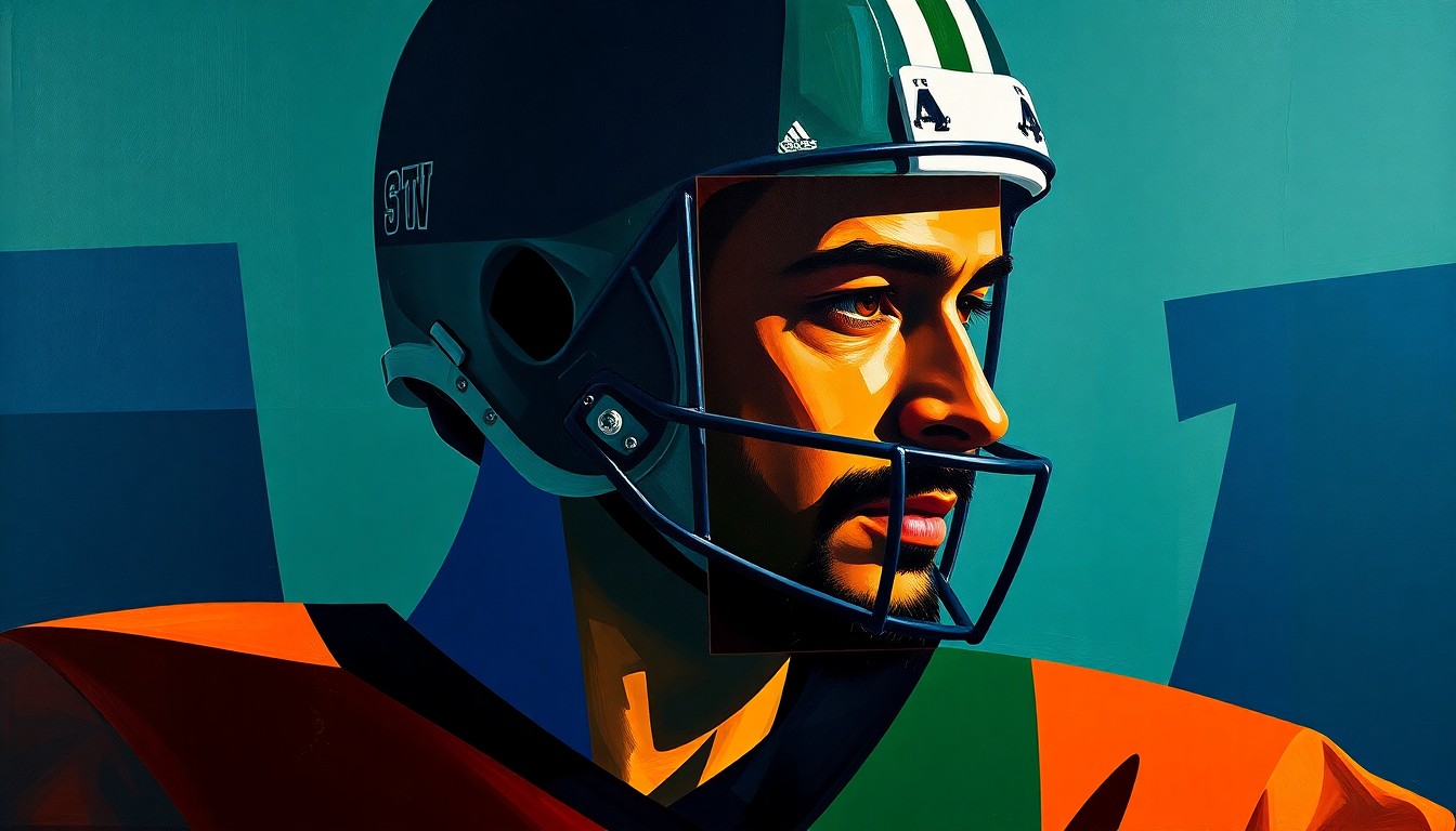 A fragmented, geometric painting in shades of navy, green, and orange, depicting the silhouette of a football player in a cubist style, conveying the multifaceted nature of college sports recruitment.
