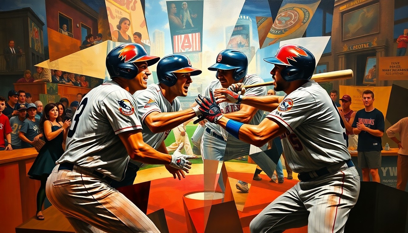 A fragmented, geometric painting depicting the dynamic energy and confrontation of a baseball game, with players' forms broken down into sharp, overlapping planes of color and shape.