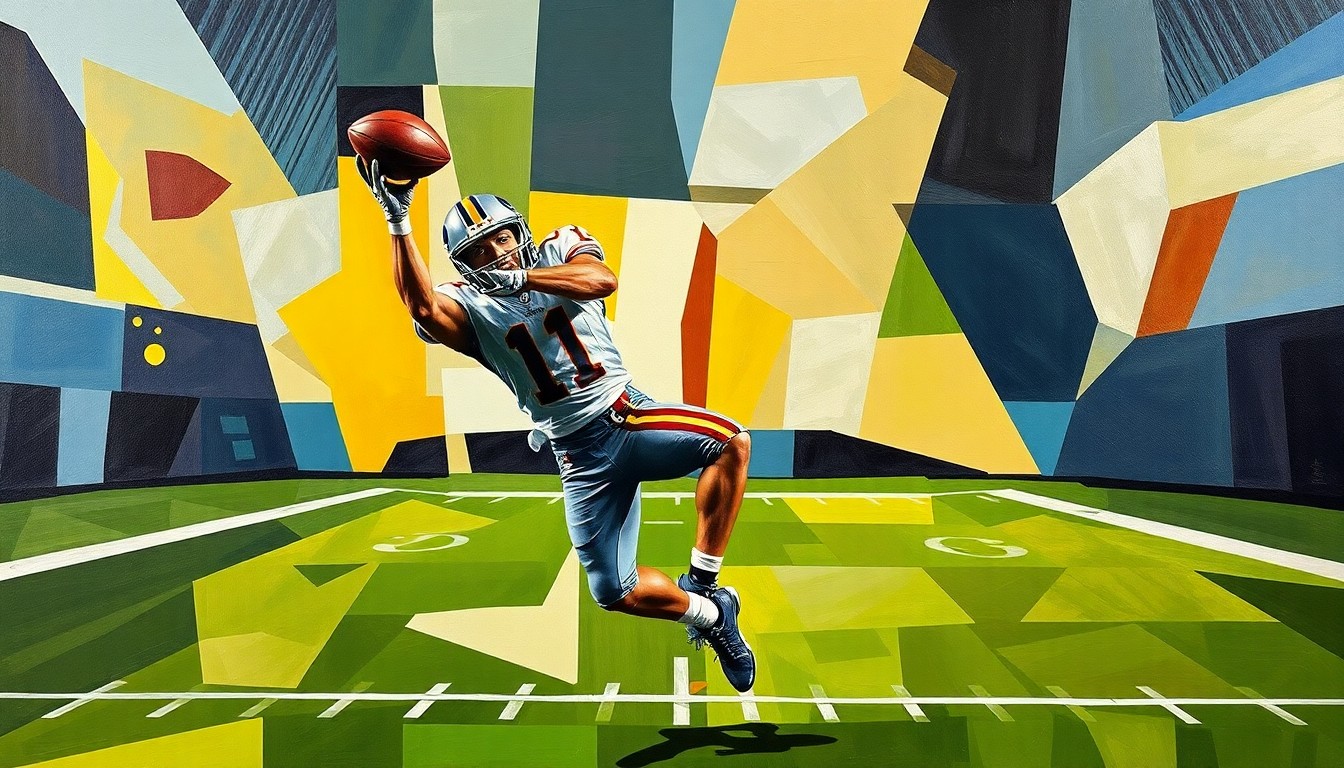 A fragmented, cubist-style painting depicting the abstract forms of a wide receiver making a catch, with the player's body and the football blending together in an overlapping geometric composition.